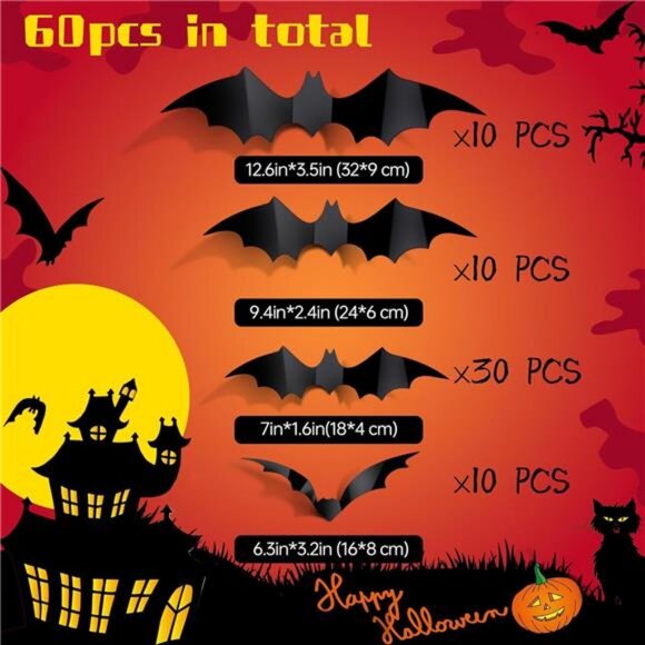 60PCS Bat Decor, Halloween Room Decor, 4 Different Sizes Realistic Waterproof - Picture 3 of 7